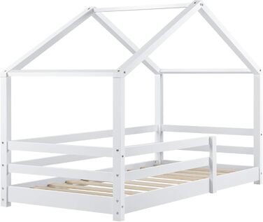 Дитяче ліжко Kntten, Ліжко-будиночок, Ліжко на підлозі, 80 x 160 см, Дерев&39яне ліжко для дітей із захистом від падіння, Каркас ліжка з рейковою основою, Сосна, Біле, 80x160 см
