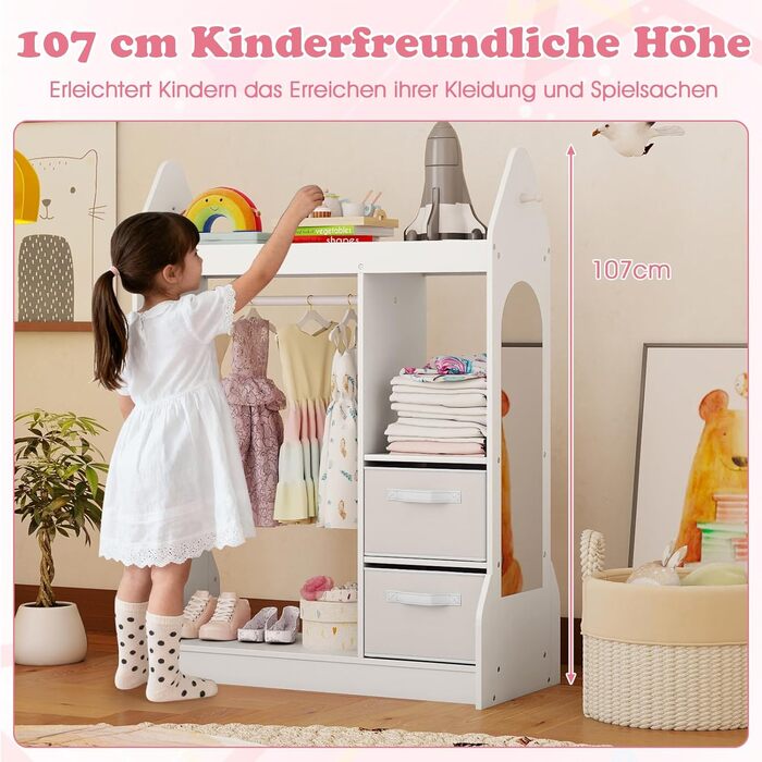 Дитяча шафа COSTWAY з дзеркалом, вішалка для дитячого одягу з рейкою для одягу, 2 шухляди для тканини та гачки, дерев&39яна дитяча шафа з полицями, для дитячої кімнати, 81 x 38 x 107 см (білий) 81 x 38 x 107 см білий
