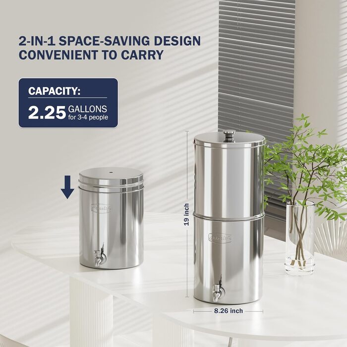 Гравітаційна система фільтрації води Frizzlife G210-SCALE, сертифікований NSF елемент із захистом від накипу, зменшує 99 хлору, смак і запах, з підставкою для дому, кемпінгу, 9,46 л