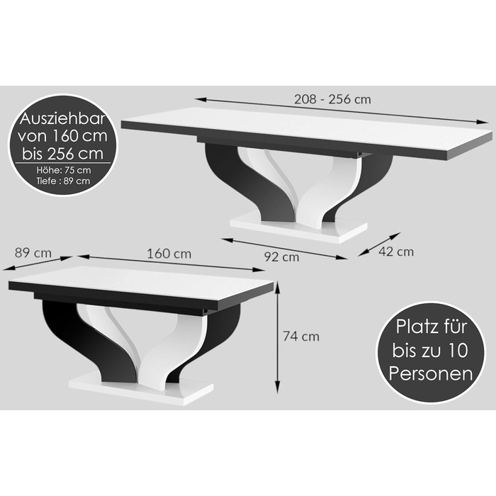 Дизайнерський обідній стіл HEB-222, чорний глянцевий / білий глянцевий, розсувний від 160 см до 256 см, обідній стіл до 10 осіб, глянцевий, функціональний стіл, сучасний, універсальний, розсувний, позачасовий