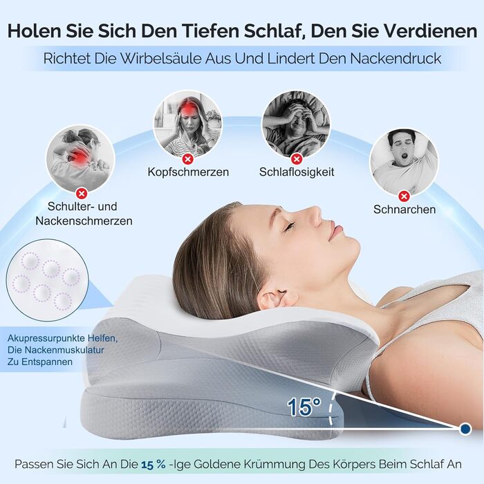 Подушка для шиї, подушка з піни з ефектом пам&39яті, ергономічна подушка, подушка для підтримки шиї для сну на боці, спині та животі, сіра, 64 x 39 x 13 см