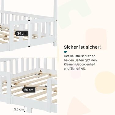 Дитяче ліжко Treviolo House 70 x 140 см, дерев&39яне, з поручнями, каркас ліжка Монтессорі з рейковою основою, соснове дерево, біле, 70 x 140 см