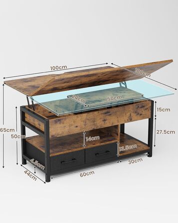 Журнальний столик з регульованою висотою, багатофункціональний стіл для вітальні 3-в-1, журнальний столик з 2 шухлядами, приховане місце для зберігання речей, відкрите відділення, можна використовувати як обідній стіл, для вітальні, офісу, коричневий