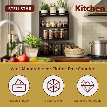 Рівнева підставка для спецій з бамбукового дерева, банки для спецій, полиця-органайзер для спецій або рукоділля, кухонна стільниця або настінне кріплення (коричневий колір), 3-