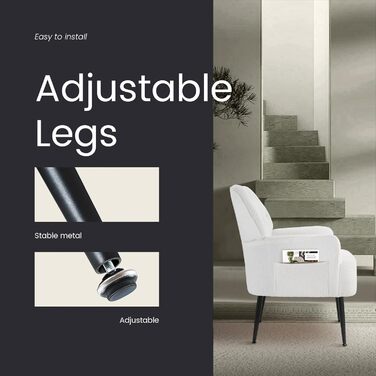 Крісло IWMH для спальні або вітальні, крісло-шезлонг зі штучного хутра, зручне з підлокітниками та бічною кишенею, затишне м&39яке крісло, крісло для читання з металевими ніжками (біле)