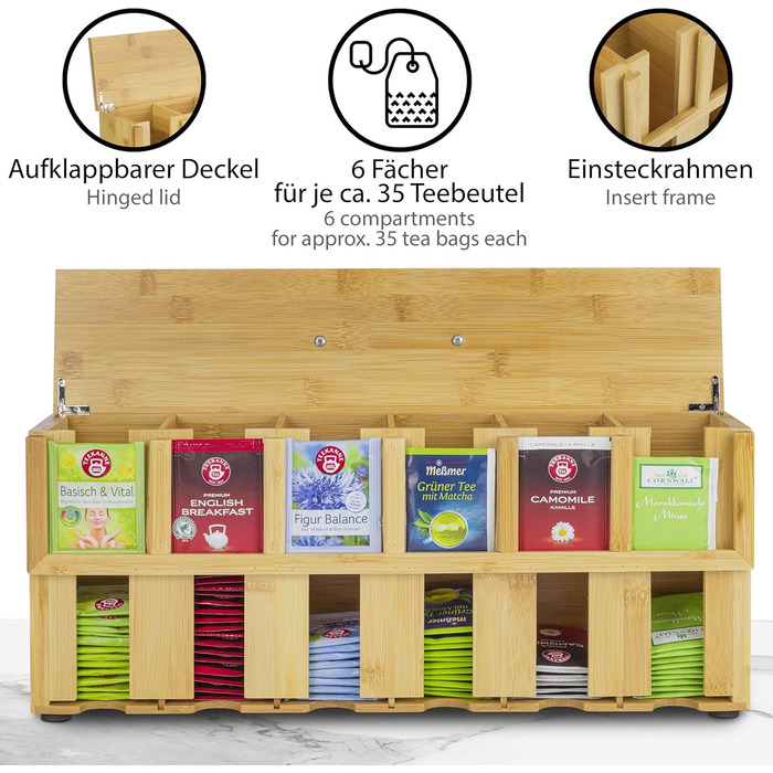 Дерев&39яна чайна скринька ONVAYA Чайна скринька з 6 відділеннями Коробка для чайних пакетиків приблизно на 200 Коробка для зберігання чаю Диспенсер для бамбукових чайних пакетиків Органайзер для чайних пакетиків