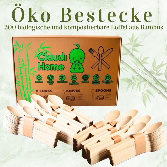Компостованих бамбукових ложок 16 см екологічно чисті одноразові столові прибори без деревного присмаку Екологічно чисті та без присмаку Пікнік, барбекю, вечірка Claudi Home 300 ложок XL, 300
