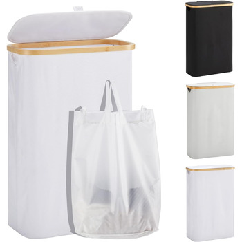 Кошик для білизни з кришкою 48 л Кошик для білизни вузький з мішком для білизни складаний сортувальник для білизни дерев'яний бамб