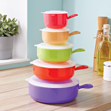 Кольорові контейнери Basilico для мікрохвильової печі, набір з 5 шт. Можна мити в посудомийній машині Підходять для заморожування, розігрівання або зберігання свіжості продуктів Миски для мікрохвильової печі з ручками Отвір для пари в кришці Посуд для мік