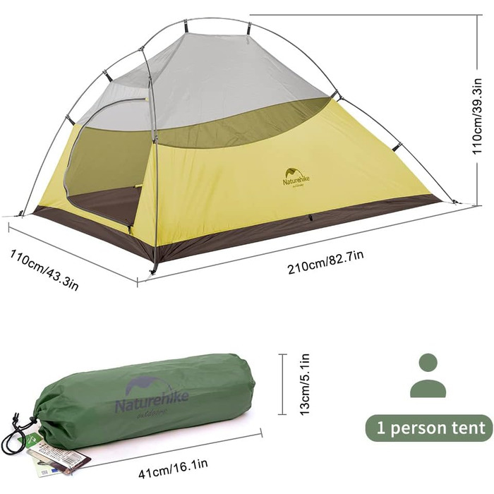 Намет Naturehike Cloud up 1, надлегкий намет, одномісний намет, намет на 1 особу на 4 сезони, кемпінговий намет 20D, лісово-зелений, покращений