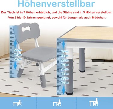Дитячий стіл 120x60 см з 4 стільцями, комплект дитячих сидінь з регульованою висотою для дітей віком 2-10 років, дерев&39яний дитячий стіл та стільці, ідеально підходить для дитячого садка, класу та дому, сірий