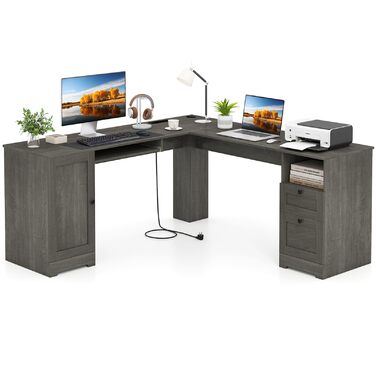 Комп&39ютерний стіл GIANTEX L-подібної форми з вбудованою зарядною станцією, кутовий стіл з підставкою для клавіатури та висувними шухлядами, офісний стіл для 2 осіб з шафою для зберігання та регульованою полицею (сірий)