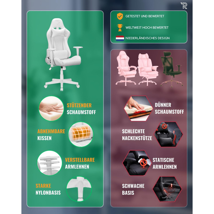 Ергономічне ігрове крісло Felix Original з регульованою спинкою, 2D підлокітниками, подушками для попереку та шиї, високою спинкою, штучною шкірою, міцною сталевою рамою, для високих людей, біло-сірим