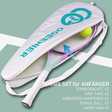 Тенісний набір OGEENIER Pink Lady 27" 2 ракетки 27 дюймів для дорослих жінок чоловіків початковий рівень + 3 м’ячі + 2 грип-стрічки + 2 віброгасники + рожева сумка повний комплект для 2 гравців легкий алюміній ITF-approved оригінал 2025