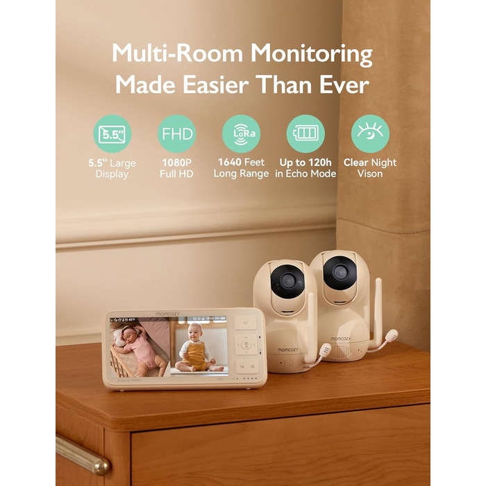 Радіоняня з 2 камерами 5.5&39 1080P Full HD Split Screen з камерою та аудіо Без Wi-Fi, батарея 5800 мАг, ECO, VOX, інфрачервоне ні