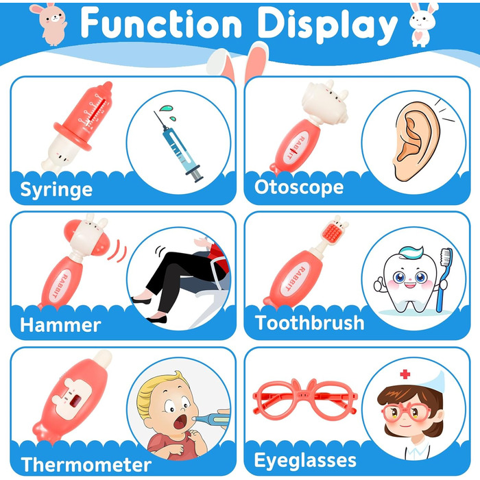Дитяча іграшка для лікарів від 3 років, 25 шт. Дитяча іграшка для лікарів зі стетоскопом Отоскоп зі світлом Стоматолог Рольова гра для дітей Великодній кролик М'яка іграшка для подарунків Дівчаткам 3 4 5 6 років Модель кролика