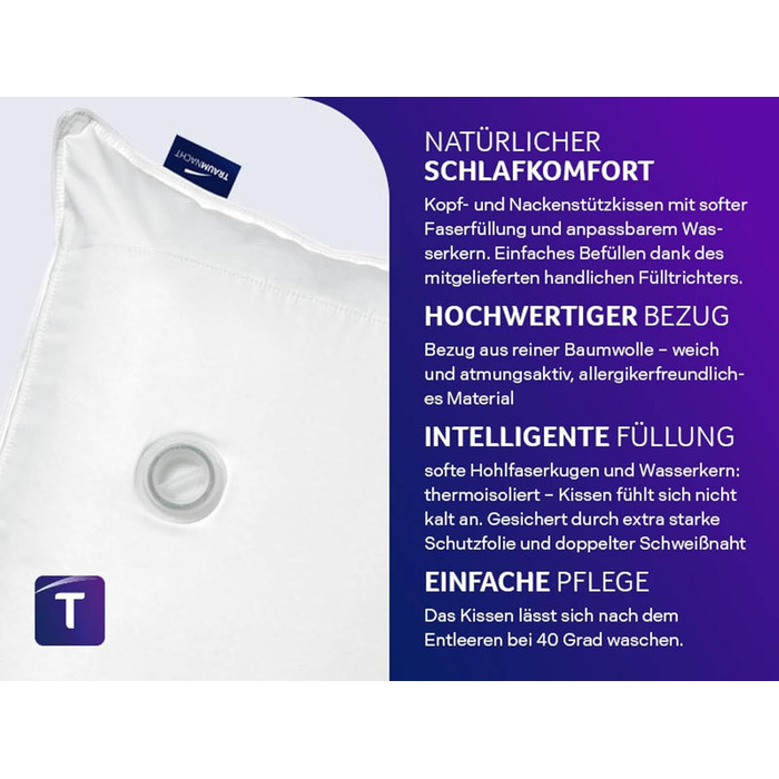Ортопедична водяна подушка Traumnacht з регульованим рівнем наповнення, чохол зі 100 бавовни, 40 x 80 см, розроблена в Німеччині - вироблено в ЄС, біла, (1 упаковка)