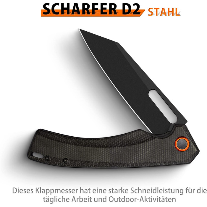 Складаний ніж NedFoss MAMBA, одноручний ніж зі сталі 9CM D2 з рукояткою Micarta, кишеньковий ніж з замком лайнера та шарикопідшипн