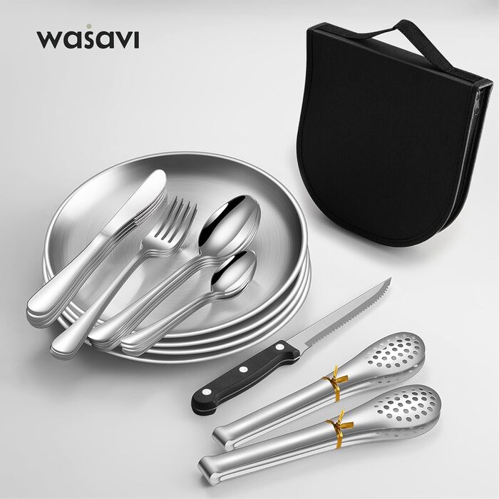 Предметний набір посуду для кемпінгу на 4 особи Набір столових приборів з виделками, ножами та ложками з нержавіючої сталі Портативні столові прибори для активного відпочинку, пікніків та барбекю. (Включає 4 чайні ложки) (Полегшена версія) Полегшена версі