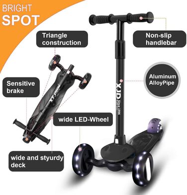 Дитячий самокат XJD для 2-8 років, дитячий самокат дитячий самокат з 3 світлодіодними колесами, 4 регульованими по висоті міськими