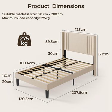 М&39яке ліжко 120x200 см, каркас ліжка з узголів&39ям та рейковою основою, м&39який каркас ліжка, міцне тканинне ліжко для дорослих та підлітків, бежевий 120x200 см