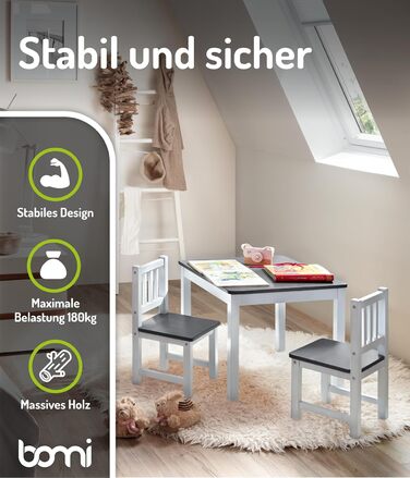 Дитячий дерев&39яний комплект сидіння Bomi Amy Дитячий стіл з 2 стільцями Комплект столу та стільців для дитячої кімнати Ігровий стіл Дитячий стіл для приміщень Дитячий стіл для мистецтва та ремесел Дитячі меблі Біло-сірий Біло-сірий 2 стільці 1 стіл