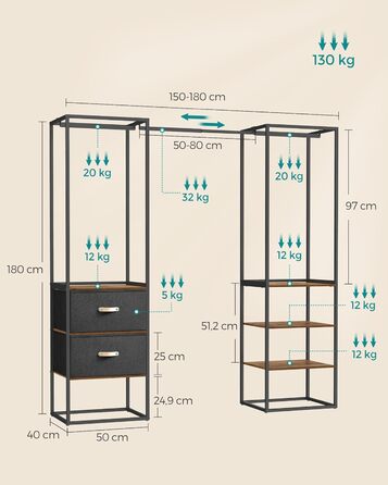 Вішалка для одягу SONGMICS, відкрита шафа, міцна вішалка для одягу, 1 висувна рейка, 2 шухляди, 4 полиці, для спальні, компактна, вінтажний коричневий RGR003B01