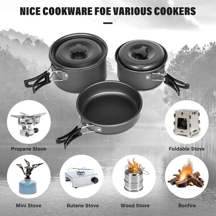 Набір посуду Lixada для кемпінгу каструля, сковорода та столові прибори для приготування їжі на 1-2 особи з сумкою для зберігання