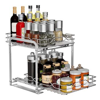Розсувна підставка для спецій, органайзер для спецій з нержавіючої сталі, 2-рівневий кухонний органайзер з регульованою висотою, система підставок для спецій для кухонних шаф, стояча підставка для спецій для внутрішньої частини шаф, 26,4 см x 23,4 см x 23