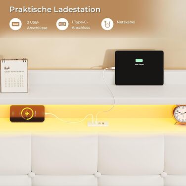 М&39яке ліжко 140x200 см, Ліжко 140 x 200 зі світлодіодним освітленням та зарядною станцією, Каркас ліжка з узголів&39ям, Каркас двоспального ліжка Плаваючий каркас ліжка, Металеве ліжко, ПУ, Сучасне, Біле (без матраца) 140 x 200 см Білий