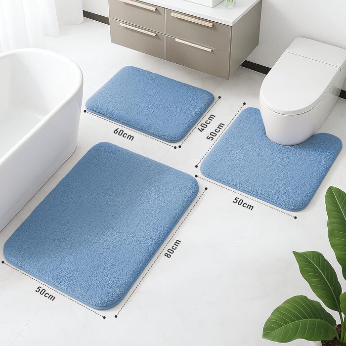 Комплект килимків для ванної кімнати RUN HELIX з мікрофібри, 2 предмети, 50x50 см 50x80 см, 2 см супертовстий, суперпоглинаючий, можна прати, нековзний килимок для ванної, синій, 50x80 см 50x50 см