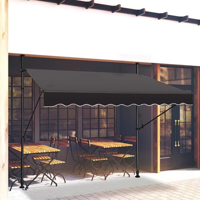 Тент, тент із затискачем, балконний сонцезахисний тент, висувний, регульований вручну за допомогою ручної ручки, стійкий до ультрафіолету, сонцезахист, 100 поліестер, для внутрішніх дворів, балконів, ресторанів, кафе, темно-сірий, 300 x 120 см