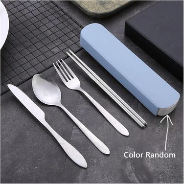 Універсальний набір столових приборів для подорожей та кемпінгу з 5 предметів, портативний посуд, палички для їжі з нержавіючої сталі, ложка, виделка, ніж для стейку з футляром для зберігання (чорний)