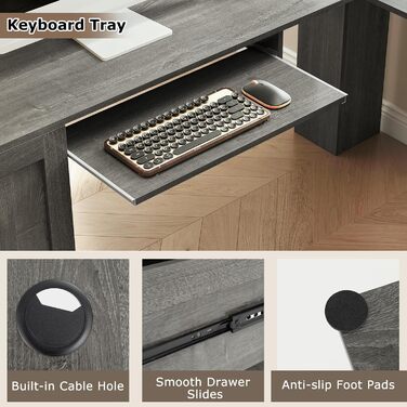 Комп&39ютерний стіл GIANTEX L-подібної форми з вбудованою зарядною станцією, кутовий стіл з підставкою для клавіатури та висувними шухлядами, офісний стіл для 2 осіб з шафою для зберігання та регульованою полицею (сірий)