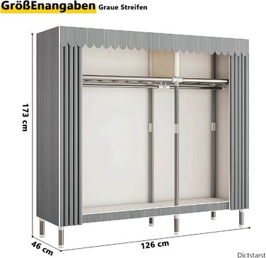 Тканинна шафа, міцна, тканинна розкладна шафа для спальні з рейкою для одягу та полицями, гардеробна шафа з вішалкою для одягу, 126x46x173 см, сіра смужка.