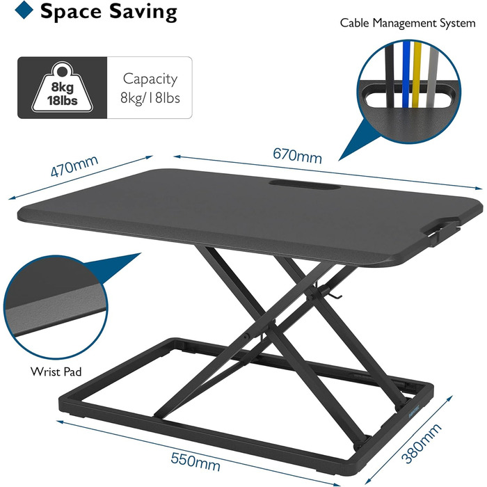 Стіл для роботи сидячи та стоячи, ергономічна робоча станція з регульованою висотою для монітора ПК та ноутбука Платформа 67x47 см, вантажопідйомність 8 кг