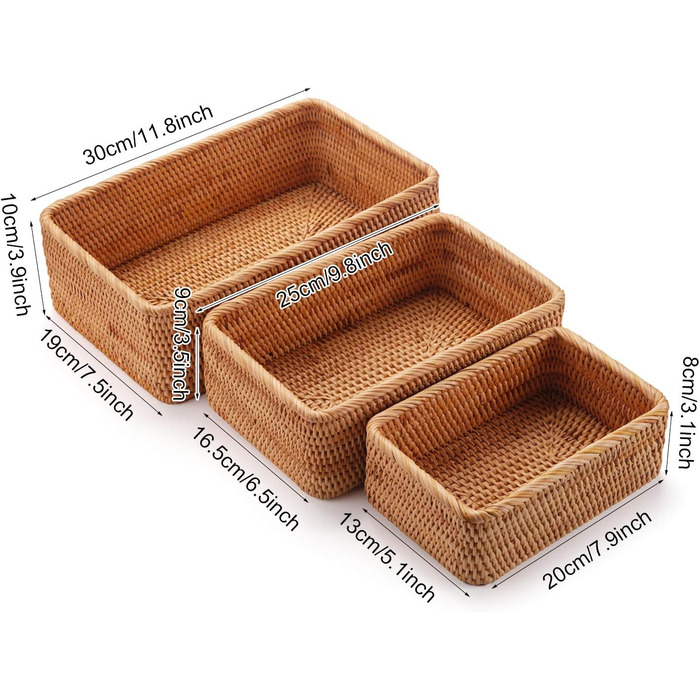 Кошик для зберігання з натурального ротанга, прямокутна плетена скринька для зберігання, штабелювана ключниця для кухонних шаф, полиця, 3 предмети, прямокутна