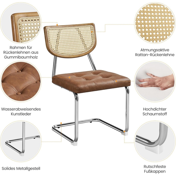 Комплект кухонних стільців Yaheetech із 2 шт. , обідні стільці зі спинкою з ротанга, консольне крісло зі штучної шкіри, м&39яке крісло для їдальні/кухні/вітальні/ресторану, ретро-коричневий