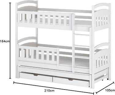 Двоярусне ліжко 90x200 см, дитяче ліжко, підліткове ліжко, двоярусне ліжко для 3 дітей, дві шухляди та поручні, що розкладається на 3 односпальні ліжка від 4 до 16 років вкл. рейкові основи білий 90x200 см, білий - Стиль 1