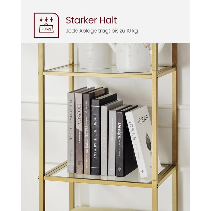 Полиця VASAGLE, 5-ярусна книжкова полиця, окремостояча полиця із загартованого скла, арочна полиця для зберігання, металевий каркас, для вітальні, спальні, кабінету, ванної кімнати, металеве золото-прозоре LGT501A01 30,2 x 40 x 183,5 см металеве золото пр