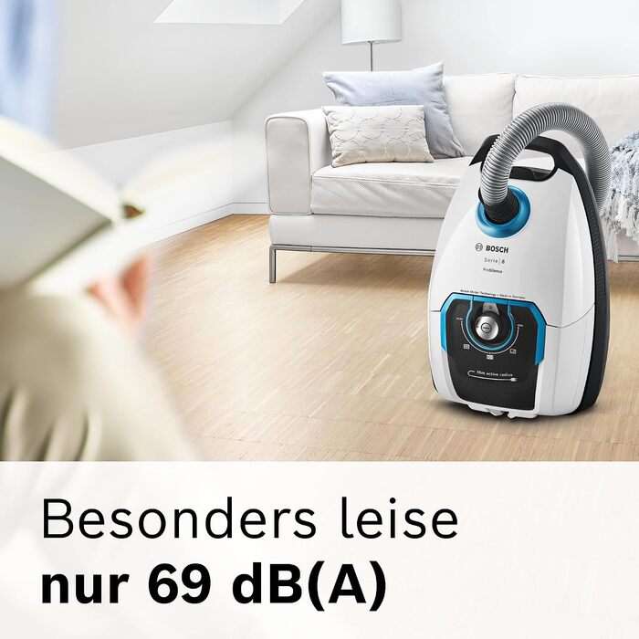 Пилосос із мішком Bosch ProSilence Serie 8 BGB75XSIL, для всіх типів підлоги та алергіків, гігієнічний фільтр, гарантія на двигун 10 років, насадка для твердих поверхонь, довгий кабель, Made in Germany, 650 Вт, білий (Переможець тестів 2024)