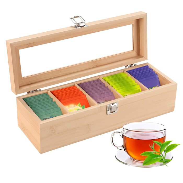Чайна коробка, чайні коробки для чайних пакетиків, коробка для зберігання чайних пакетиків з 4 регульованими відділеннями та оглядовим віконцем, дерев&39яна чайна коробка, коробки для зберігання чаю з кришкою, 9x30x10 см