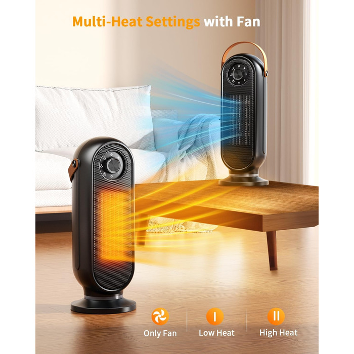 Обігрівач для приміщень чорного кольору, портативний електричний обігрівач для офісу, швидконагрівальний обігрівач потужністю 1500 Вт з термостатом, ультратихий обігрівач для спальні, чорний поворотний перемикач