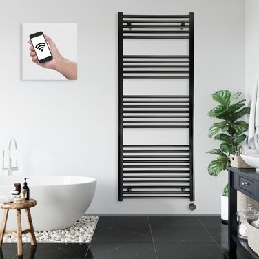 Електричний радіатор для ванної кімнати anapont з WiFi та Bluetooth 1475x600 - чорний прямий - рушникосушка - електричний обігрівач для ванної кімнати - рушникосушка - Зроблено в Німеччині Чорний 1475в x 600вт