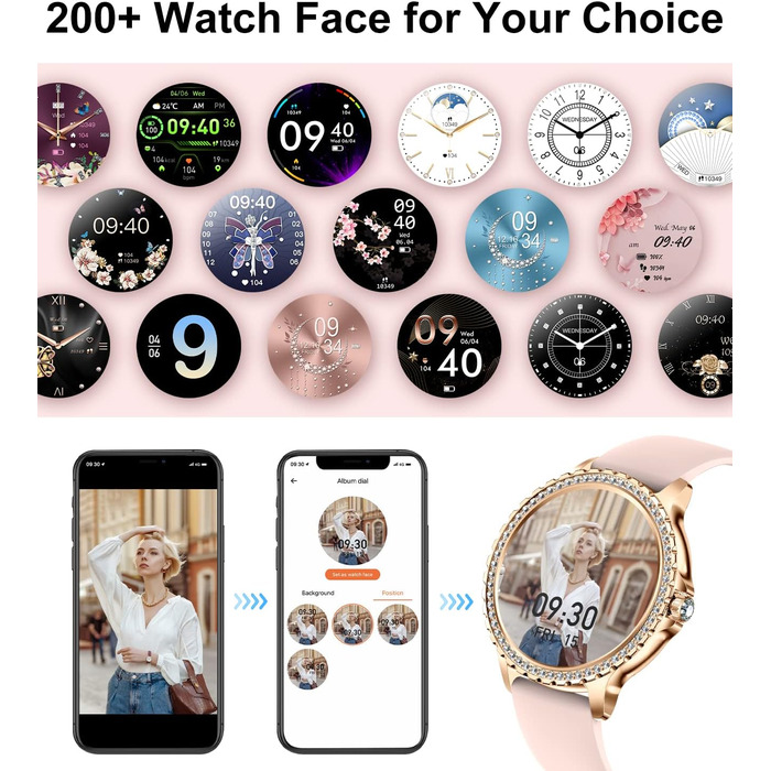 Для Android iOS Smart Watch Women 100 Sports Activity Tracker 1.32" HD Touch Screen Heart Rate Sleep Monitor Diamond Rose Gold Steel Women Smartwatch BW1845D-A