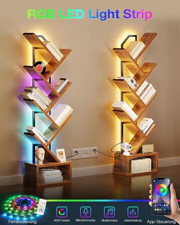 Книжкова полиця Coleshome у формі дерева, 6-ярусна окремостояча полиця, дерев&39яна книжкова полиця зі світловою стрічкою, підходить для вітальні та спальні, чорна