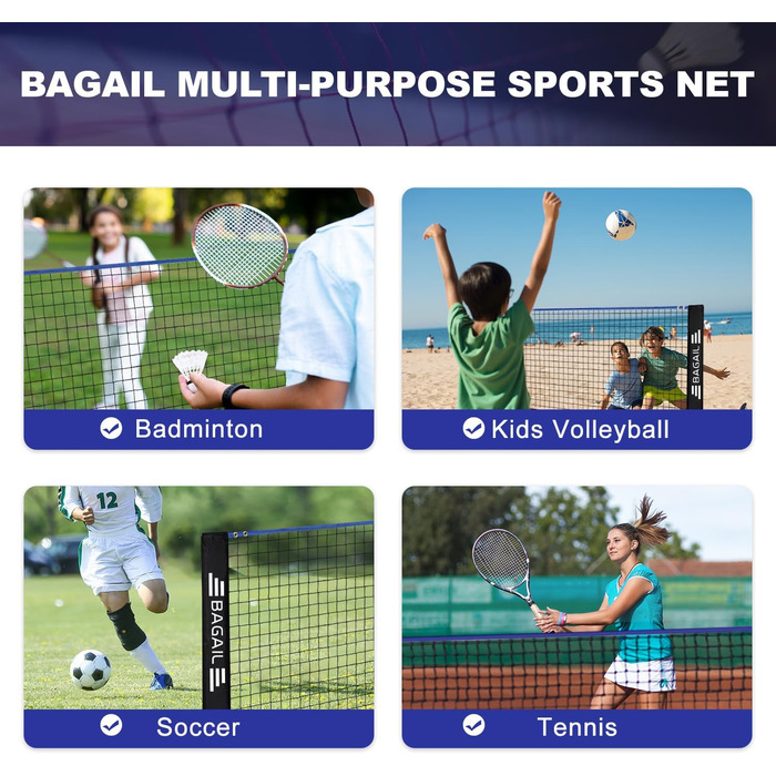 Сітка для бадмінтону BAGAIL, складна нейлонова сітка, регульована по висоті підставка та сумка для перенесення, легко встановлюється та знімається, ідеальна спортивна сітка для тенісу, бадмінтону або волейболу, 3M синій/чорний