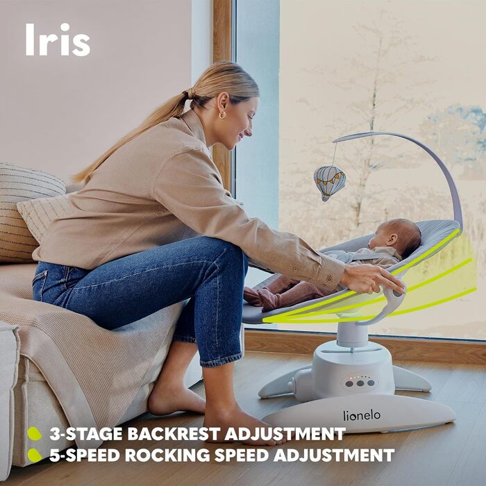 Електричний дитячий шезлонг LIONELO Iris 360o поворотний для немовлят до 9 кг Регульована спинка, 5 швидкостей зважування Нековзний ремінь безпеки, 12 мелодій Кронштейн з іграшкою Пульт дистанційного керування (бежевий)