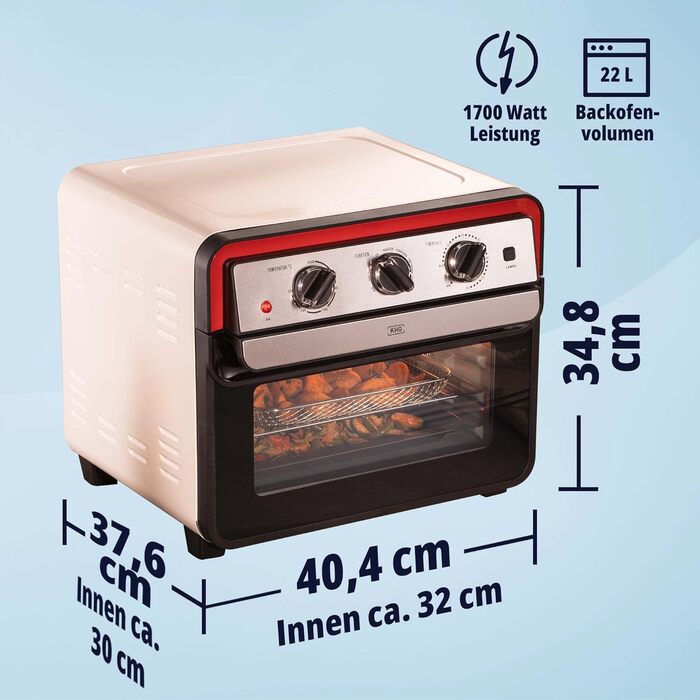 Міні-піч KHG Retro MBO-22CS з конвекцією, верхнім/нижнім нагріванням та гарячим повітрям, 22 л, 230 C, 1700 Вт, ідеально підходить для гриля, підсмажування, запікання, смаження у фритюрі з таймером, включаючи деко, вертел, кошик для смаження