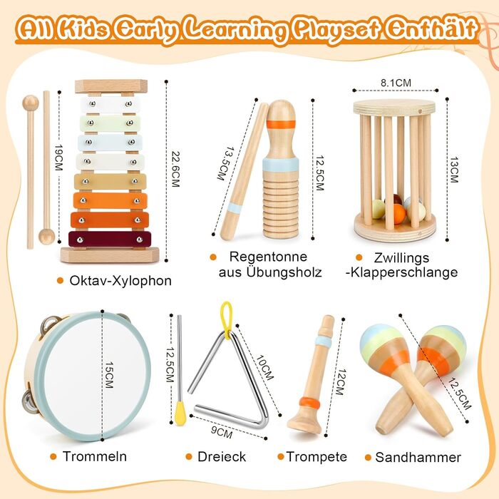 Музичні інструменти для дітей,Монтессорі дерев'яні іграшки для малюків від 1-3 років,Ударні іграшки для малюків,Ксилофон бубен,Натуральний дерев'яний музичний набір для дітей дошкільної освіти 3